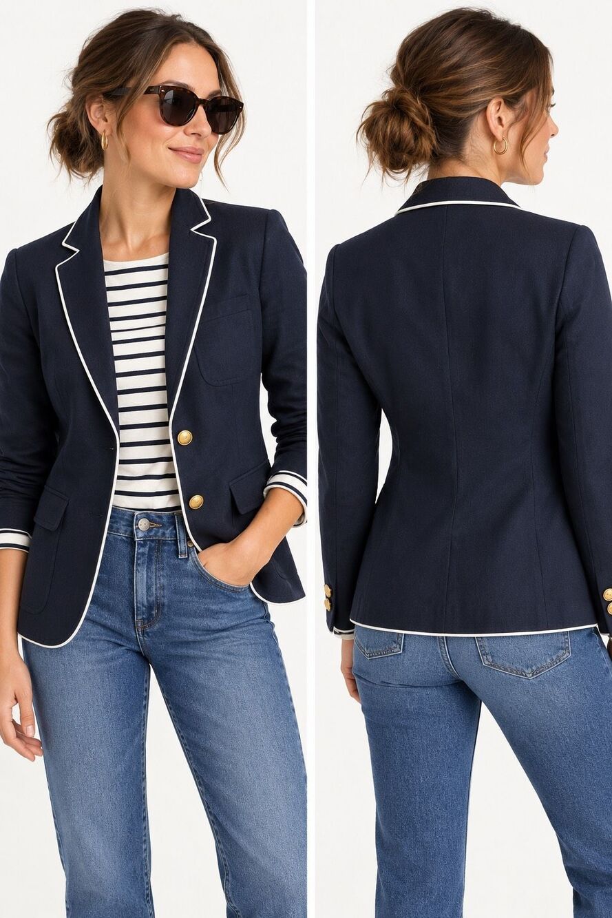 J Crew Rhodes Linen Blazer Navy White Piping Gold Buttons Nautical Size 6